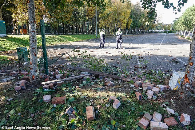 Dumped bricks are seen on the the grass of a road as two police officers stand in the distance