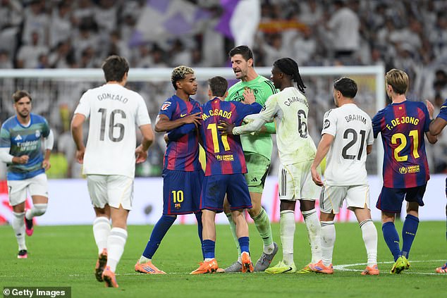 Real keeper Thibaut Courtois then piled in and pushed Yamal away as things got heated