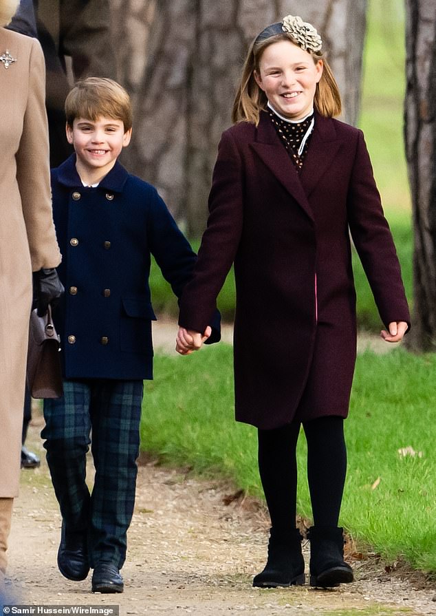 She stole the show at Sandringham in 2023 when she joined the now Prince and Princess of Wales and their children to walk to church for the Christmas Day service, holding their youngest son Louis's hand (pictured)