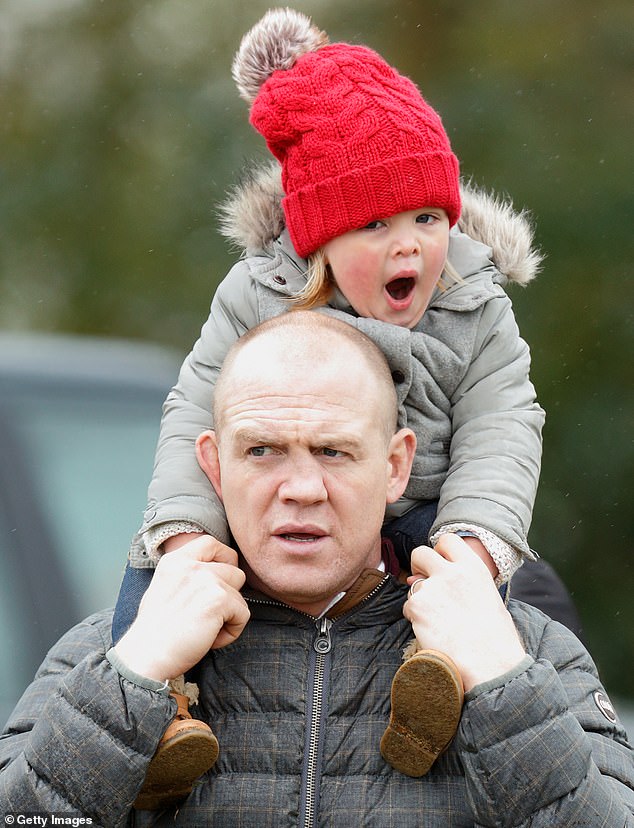 And over the years, Mia has shared plenty of fun moments with her father Mike, who often carried her on his shoulders at public events when she was younger - including on a particularly tiring day at the Gatcombe Horse Trials in 2016 (pictured)