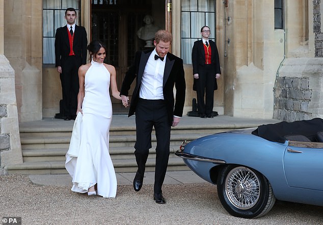 The Grade II-listed cottage, formed from two properties knocked into one, was given to the Sussexes (pictured after their wedding reception at Frogmore House in 2018) as a wedding present from the late Queen