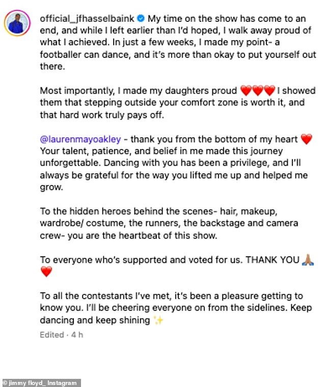 Strictly's Jimmy Floyd Hasselbaink has broken his silence after his elimination and facing the dance off against Amber Davies on Sunday night