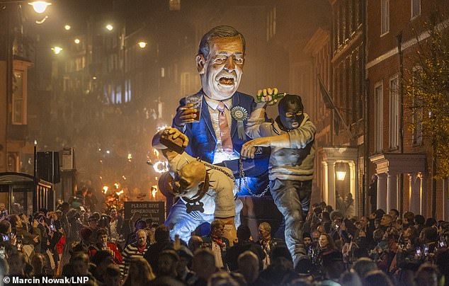 The Lewes Bonfire Night parade, where an effigy of Reform UK leader Nigel Farage was burnt last year. Research found more people in England mark November 5 than Halloween