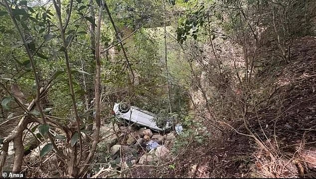 The BMW (pictured) ended upside down in a ditch. The driver of the vehicle had managed to escape the wreck and ran to a nearby home to ask for help