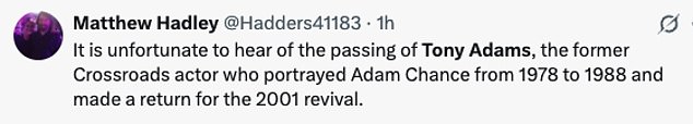They penned: 'This is so sad. I used to think he was wonderful when he was in crossroads. May he RIP'