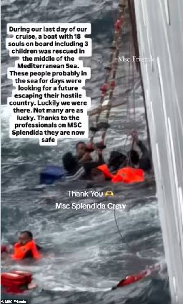 The migrants threw themselves into the sea to reach life jackets and had to fight massive waves to climb the ladder of the cruise ship to safety