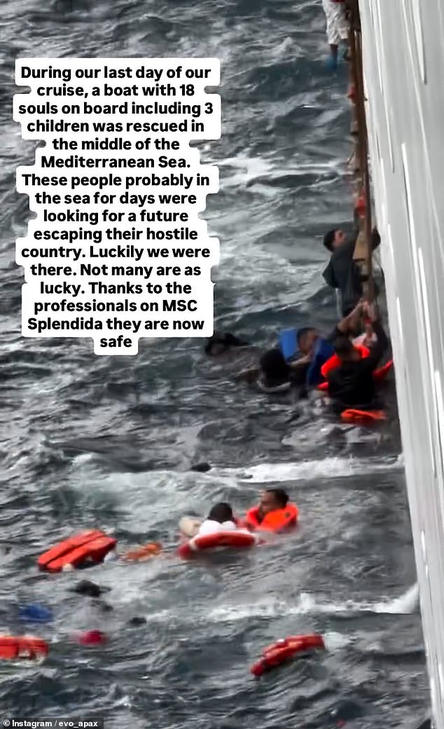 The dramatic video shows how they were knocked back repeatedly as they tried to climb the ship's ladder but fell back into the choppy sea