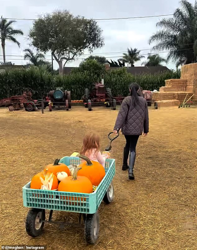 Other moments saw Meghan pat her son's head and lead her daughter through the farm on a trailer