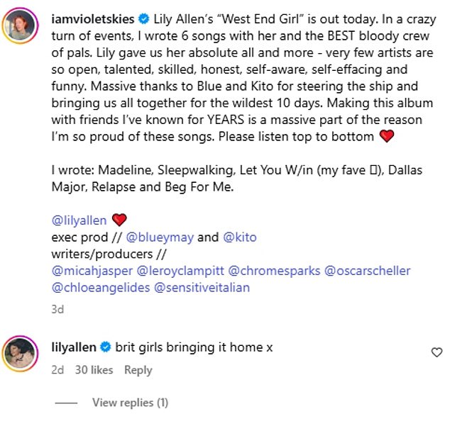 One thing fans may not know is that Lily's album was co-written by other songwriters, including Violet Skies, who took credit for some of the tracks on Instagram.