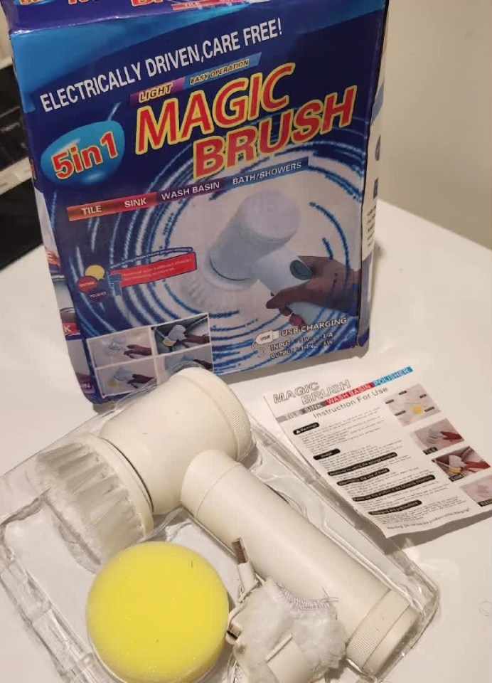 5-in-1 Magic Brush with a white handle and various cleaning attachments, and its product packaging.