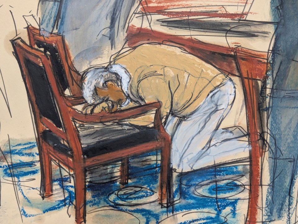 Illustration of a person kneeling before a chair, head bowed in distress, on a blue floor.