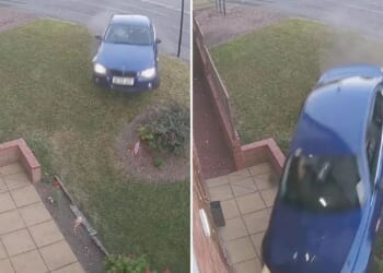 Terrifying moment thugs plough their stolen BMW into care home killing two elderly women during police chase