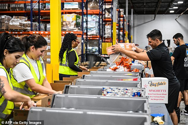 Volunteers assemble relief packages for Hurricane Melissa at the Global Empowerment Mission headquarters in Miami, Florida
