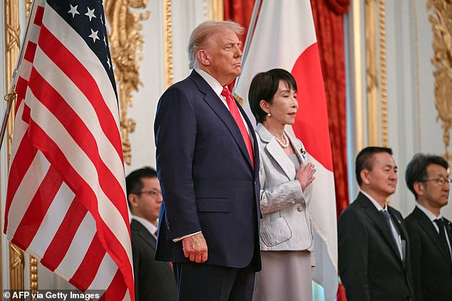 President Donald Trump (left) and Japanese Prime Minister Sanae Takaichi (right) participate in a welcome ceremony Tuesday morning at the Akasaka Palace in Tokyo, Japan, before their first face-to-face meeting