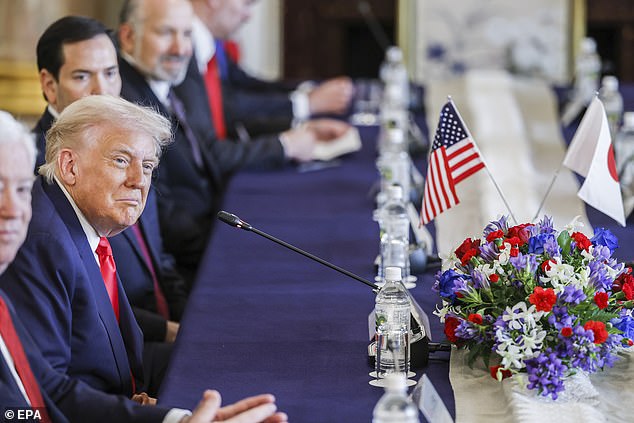 President Donald Trump (left) attends a meeting Tuesday morning at the Akasaka Palace in Tokyo, meeting Japan's new Prime Minister Sanae Takaichi for the first time