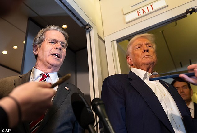 Treasury Secretary Scott Bessent (left) spoke with reporters alongside President Donald Trump (right) during the flight Monday between Malaysia and Japan, giving updates on a brewing Chinese trade deal