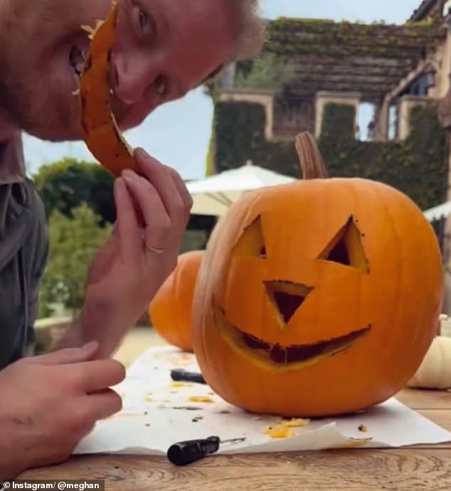 Prince Harry was seen showing his fun side as he carved a pumpkin in Meghan's latest Instagram post