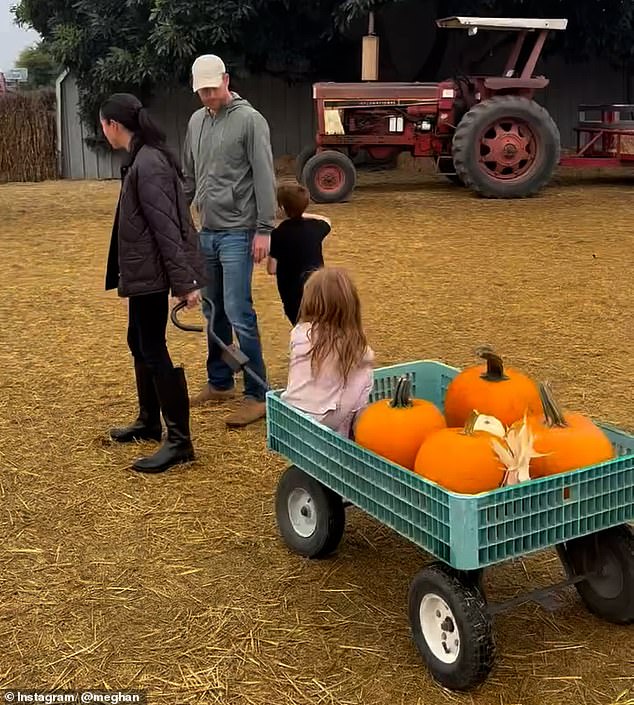 Meghan Markle looked casual but chic in a quilted jacket and smart leather boots as she enjoyed a Halloween trip to a pumpkin patch this weekend