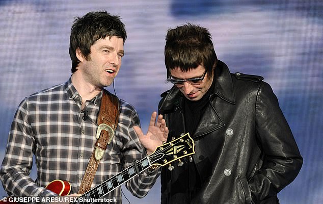 The lyrics were written down with a blue pen on a yellowed piece of crumpled paper and were sold for £20,160 last Friday after a bidding war broke out (Oasis pictured in 2008)