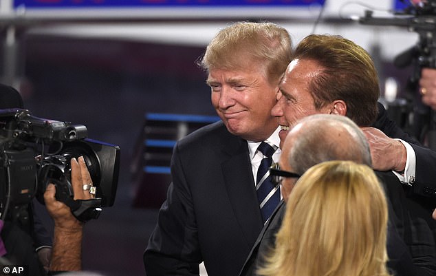 Trump and Schwarzenegger following the CNN Republican presidential debate at the Ronald Reagan Presidential Library and Museum on September 16, 2015, in Simi Valley, California