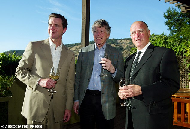 Then-San Francisco mayor Newsom, left, Gordon Getty, center, and Oakland mayor Jerry Brown at an event at the PlumpJack Winery in Oakville, California, in 2004