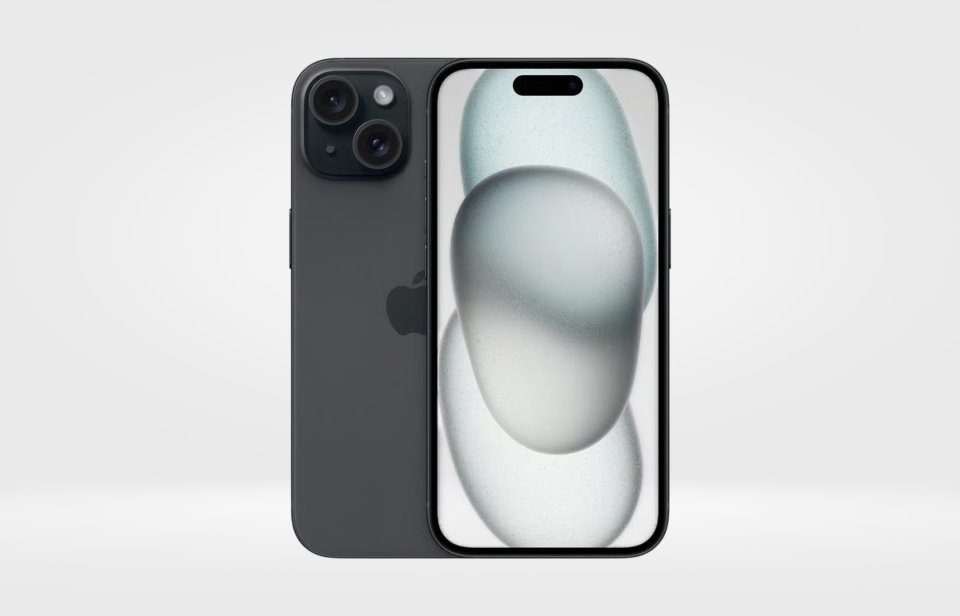Illustration of a black iPhone with a back view showing two cameras and an Apple logo, alongside a front view with a wallpaper of blurred white and grey shapes.
