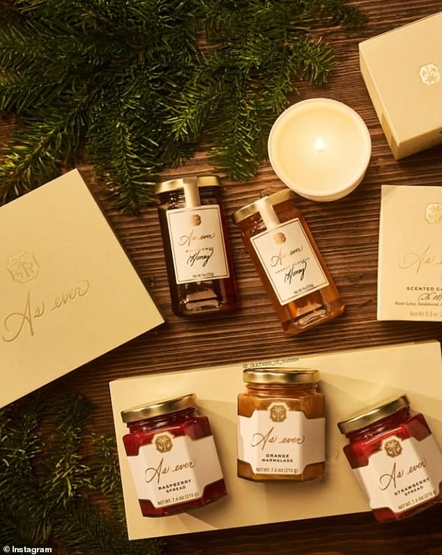 The Duchess of Sussex, 44, took to Instagram today to unveil the range (pictured) in a glitzy clip, showing the mother-of-two making mouth-watering desserts with her fresh fruit preserves and glazing a turkey with one of her honeys