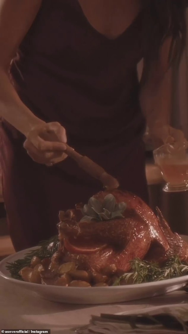 The Duchess of Sussex drizzles one of her honeys over a turkey in the promotional video