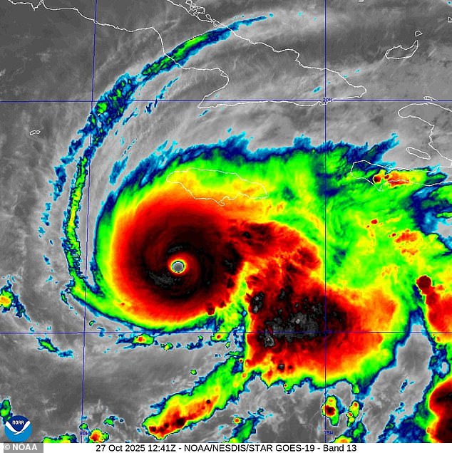 The National Hurricane Centre predicts that the storm (pictured) could see as much as 40 inches (100 cm) of rain dropped over some parts of the island, triggering massive flooding