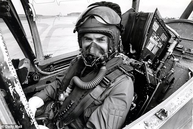 'Here was a Welsh boy who left school with barely a qualification yet went on to become one of the most acclaimed and garlanded journalists of his generation.' Pictured: The Daily Mail journalist riding in a Harriers T4A