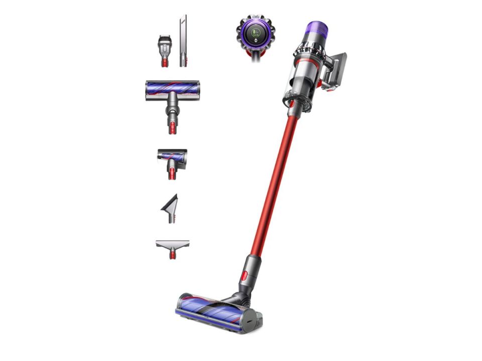 Dyson vacuum cleaner with attachments.