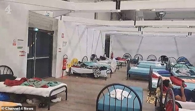 Footage obtained by Channel 4 of a French detention centre appeared to show 40 asylum seekers housed in one room in temporary accommodation