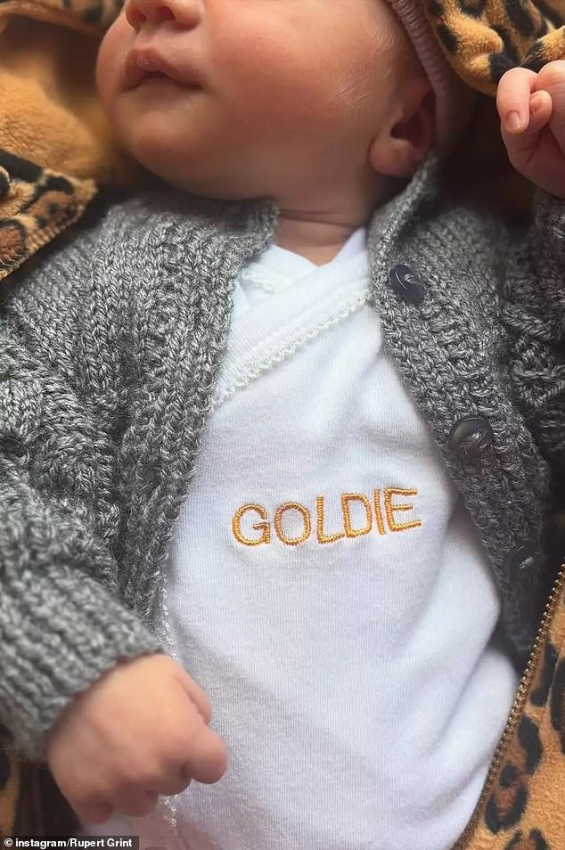 Captioning a social media post, Rupert wrote: 'Secret Child Slightly Revealed’ Introducing Goldie G. Grint. ⭐️ A 10/10 baby (so far)’ (Goldie, pictured)