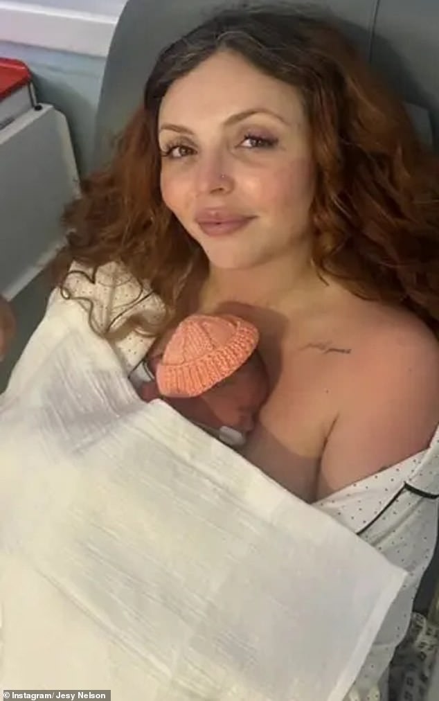 Little Mix star Jesy Nelson, 34, also opted for an unlikely name. She and her fiancé, Zion Foster, 26, had twin daughters in May earlier this year, introducing the newborns on social media as Ocean Jade and Story Monroe (Jesy pictured after giving birth)
