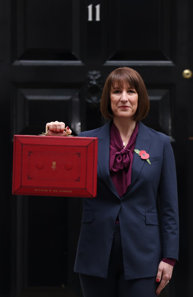 Rachel Reeves, UK Chancellor of the Exchequer, outside 11 Downing Street, holding a red budget box.