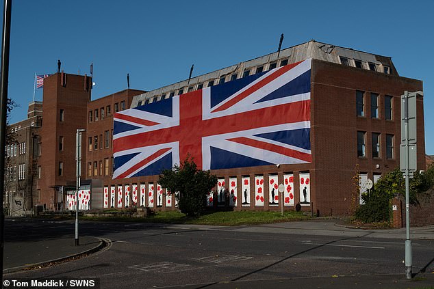 The huge union flag was put up after a smaller one was torn apart during Storm Amy last month