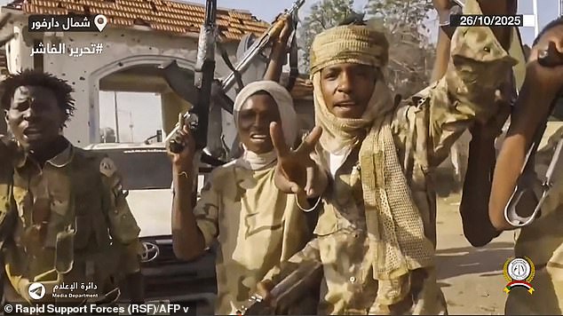 RSF fighters holding weapons and celebrating in the streets of El-Fasher in Sudan's Darfur