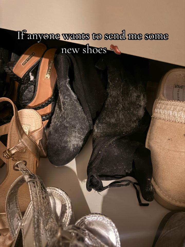 A collection of shoes, some with visible mold, in a closet. Text reads "If anyone wants to send me some new shoes."