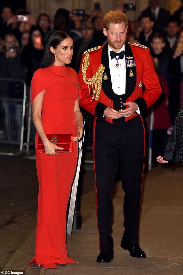 Two days later, it would be Meghan who dressed to complement her beau's military uniform when the Sussexes attended the Mountbatten Festival of Music at London's Royal Albert Hall as they prepared to bid farewell to the UK