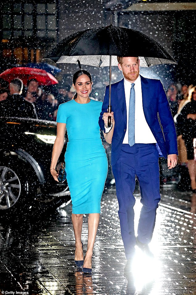 Prince Harry matched his turquoise tie to Meghan's form-fitting midi dress by Victoria Beckham for her first appearance since it was revealed they would be quitting The Firm