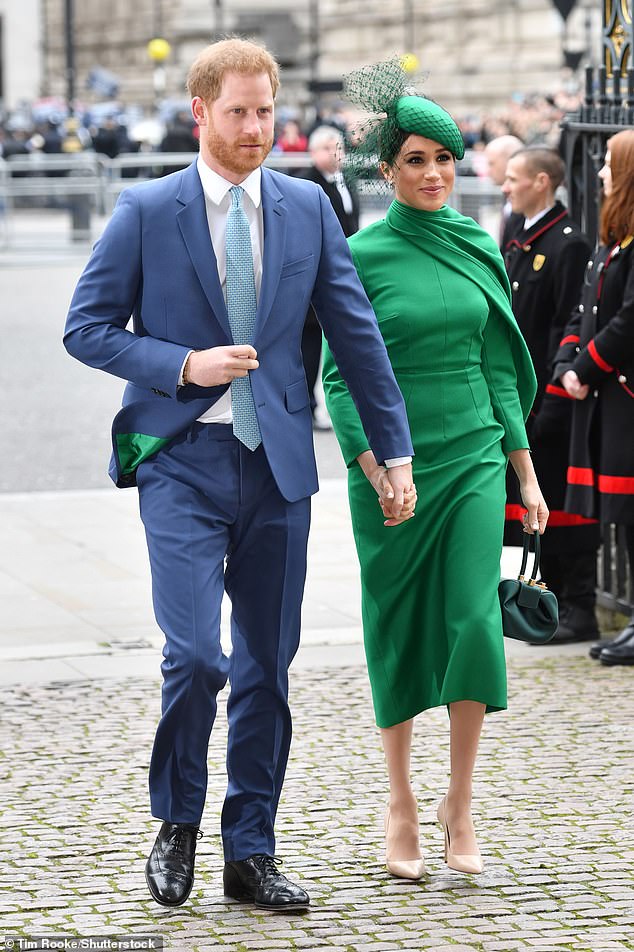 For their final outing as senior royals, Meghan turned to designer Emilia Wickstead who designed a custom caped dress that perfectly matched the emerald green lining of Prince Harry's suit jacket