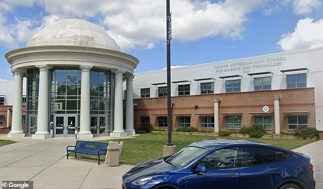 The now-deleted videos, reposted by Nomani on X, quickly went viral for seemingly turning the kidnappings of Israelis during the October 7 massacre into the main punchline (pictured: Thomas Jefferson High School for Science and Technology)