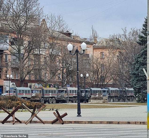 Pictured: Russian tanks and military vehicles rolling into Kherson - as witnessed by Anastasiia when she was heavily pregnant and had to decide whether to stay in Kherson or leave
