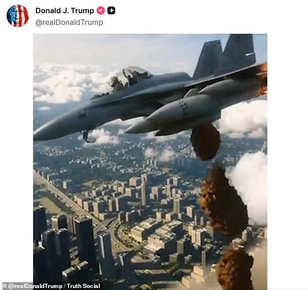 The AI generated video shows President Trump piloting a fighter jet with "KING TRUMP" on the side and dumping what seems to be excrement on a crowd of anti-Trump protesters below to the song "Danger Zone"