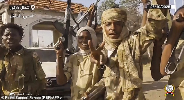RSF fighters holding weapons and celebrating in the streets of El-Fasher in Sudan's Darfur