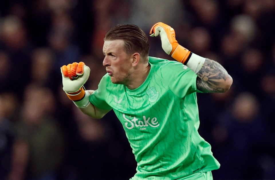 Everton's Jordan Pickford reacts.