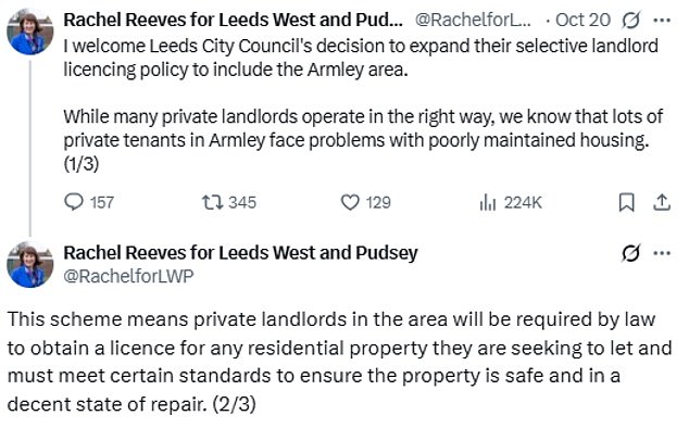 As recently as this month, Ms Reeves was posting on X in support of letting licences in her own Leeds constituency