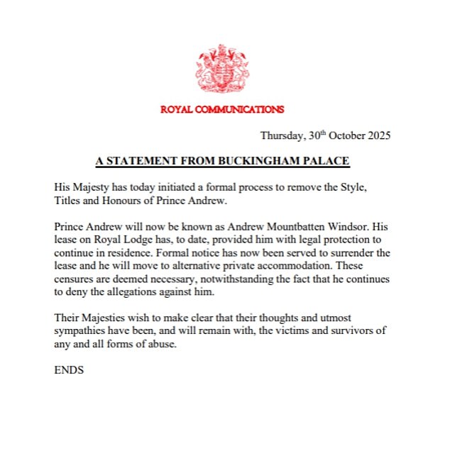 The statement (pictured) reads: 'His Majesty has today initiated a formal process to remove the Style, Titles and Honours of Prince Andrew'