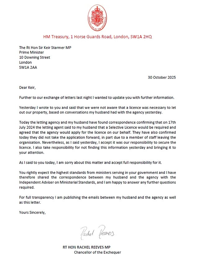 In a second letter to the Prime Minister in the space of 24 hours, the Chancellor wrote to 'update' Sir Keir Starmer over the blunder that has plunged her into jeopardy
