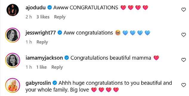 Celebrity friends rushed to congratulate the couple as AJ Odudu and Jess Wright penned: 'Awww CONGRATULATIONS'